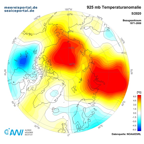 Die Materialgrafik des Alfred-Wegener-Instituts zeigt die Temperaturabweichung in der Arktis im Mai 2020 gegenüber dem langjährigen Durchschnitt von 1971-2000.  (Quelle: Alfred-Wegener-Institut / Meereisportal.de / dpa)